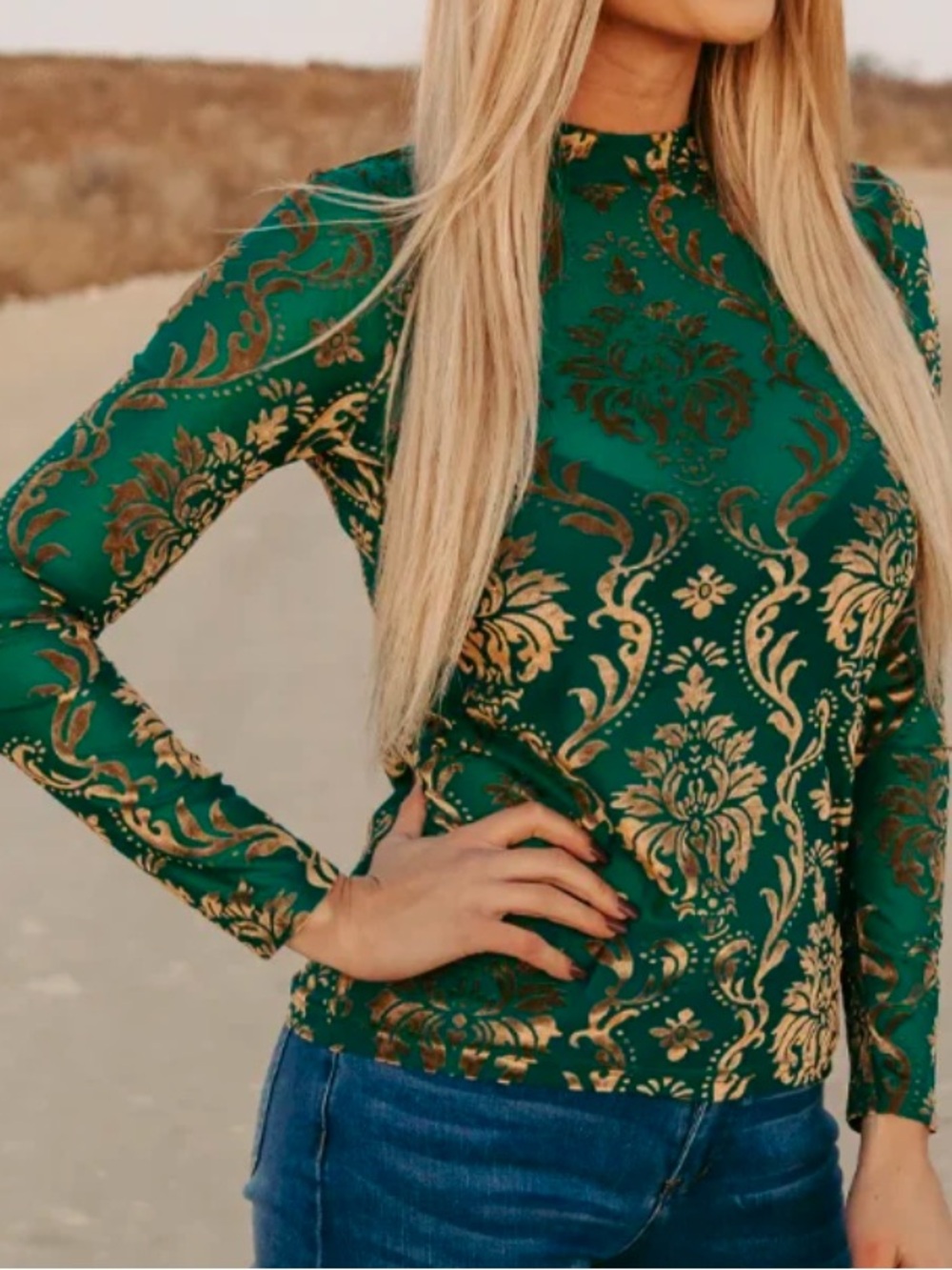 Sheer Green and Gold Long Sleeve Top Printed Mock Neck size 3x